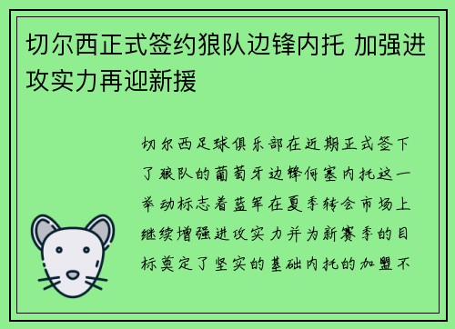 切尔西正式签约狼队边锋内托 加强进攻实力再迎新援