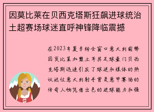 因莫比莱在贝西克塔斯狂飙进球统治土超赛场球迷直呼神锋降临震撼 因莫比莱在贝西克塔斯狂飙进球统治土超赛场球迷直呼神锋降临震撼